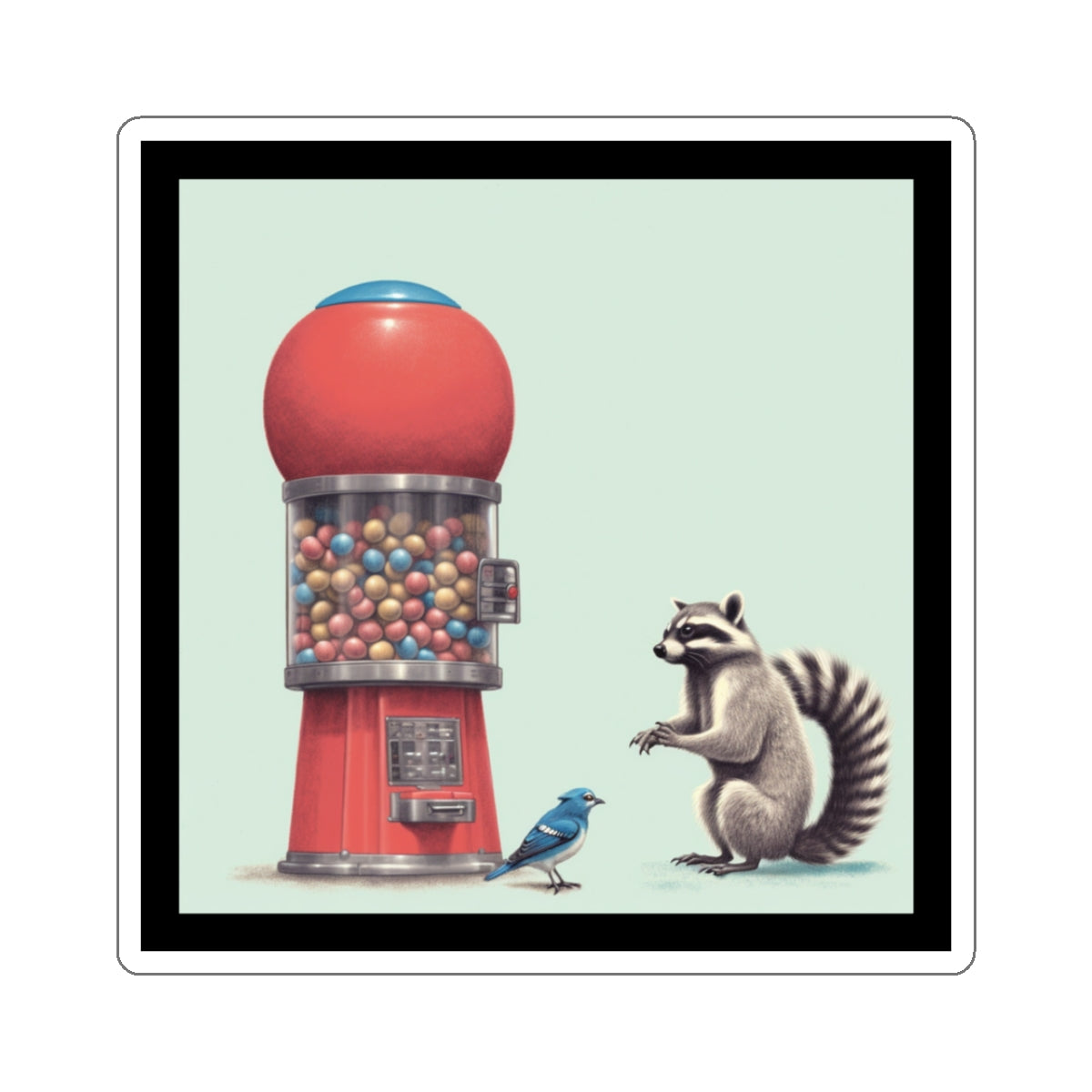 Just a raccoon and bluejay standing next to a gumball machine