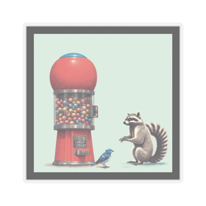 Just a raccoon and bluejay standing next to a gumball machine