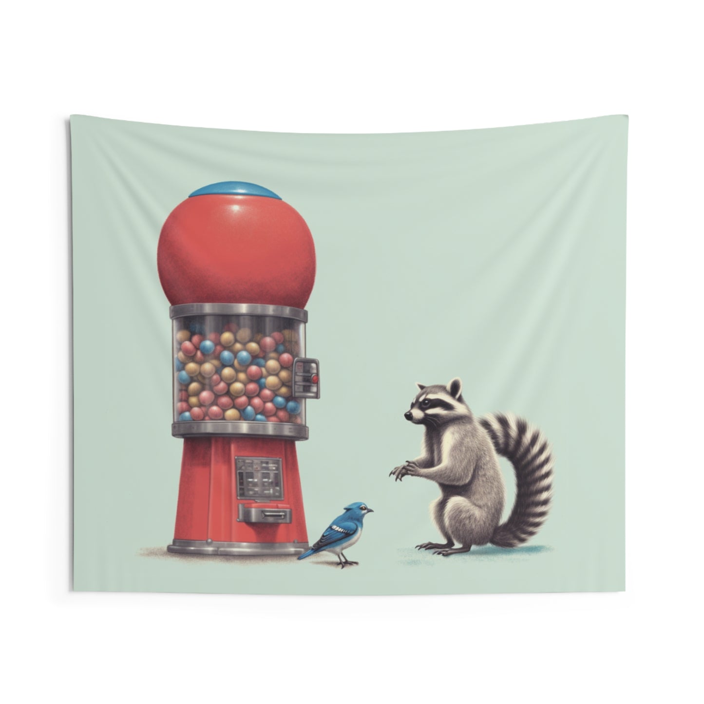 Hyperrealistic Gum ball machine, Bluejay, and a Raccoon Tapestry